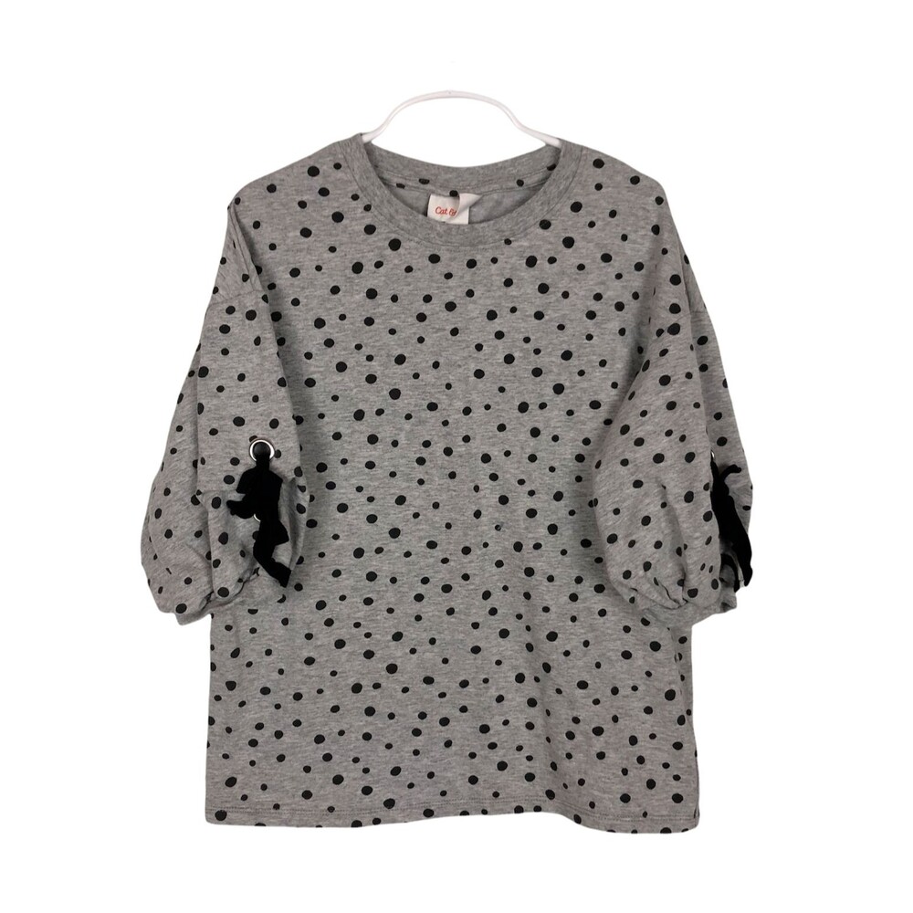 Cat & Jack Gray Black Polka Dot Tie Sleeve Shirt Girls Size Medium (7/8)
